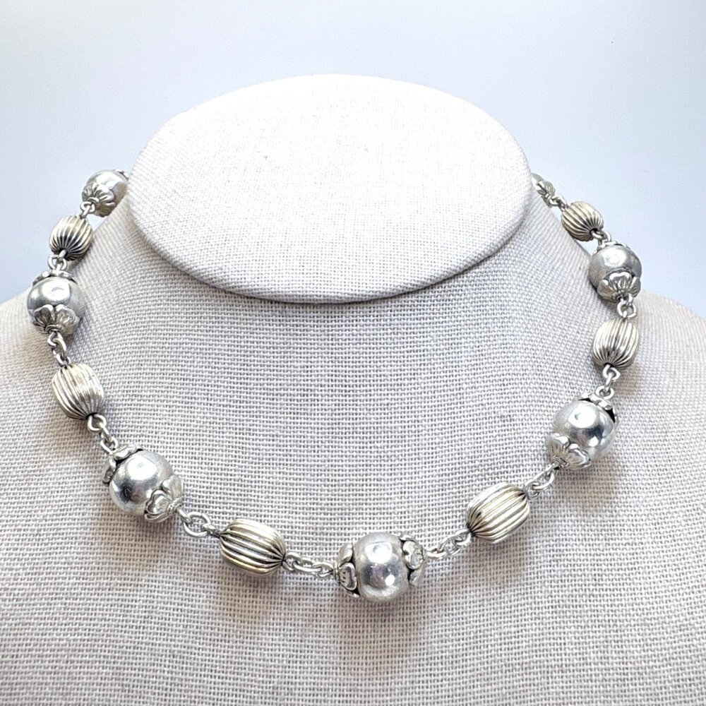 VTG Danecraft Sterling Silver 925 Fluted Bead Bell Cap Station Necklace 16" L